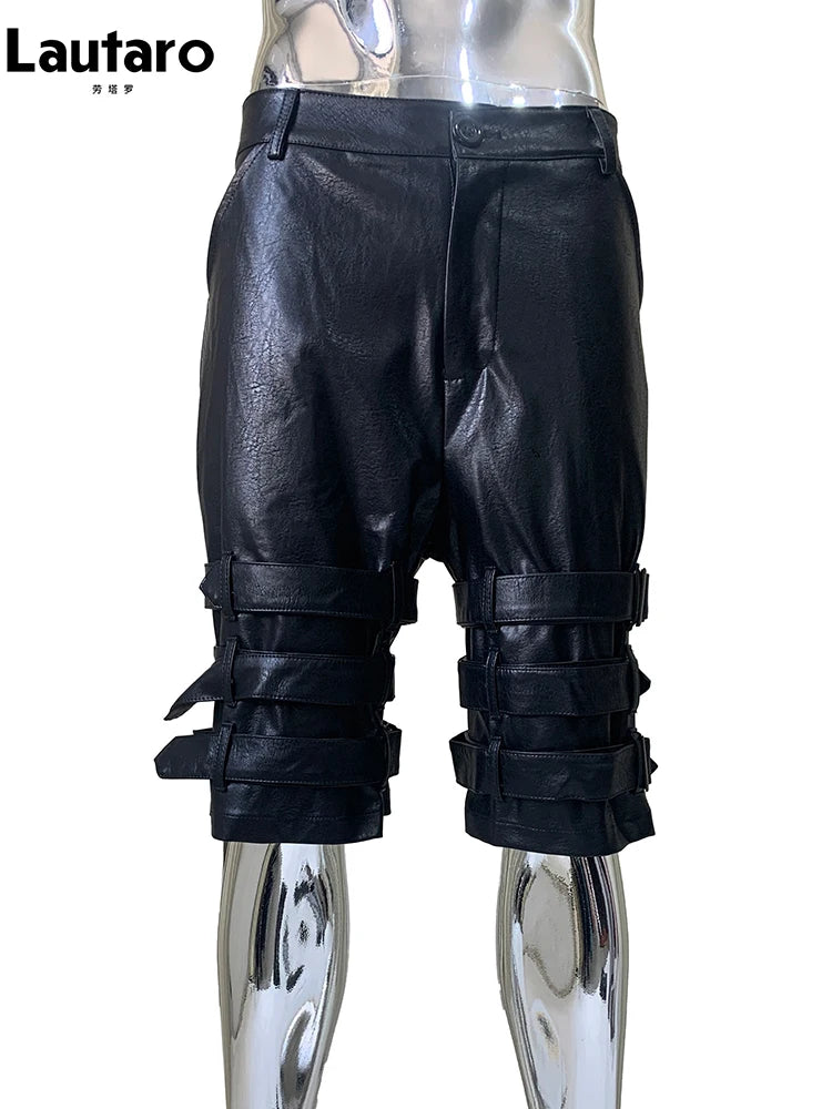 Lautaro Summer Cool Hard Black Pu Leather Shorts for Men with Many Belt High Waist Short Punk Style European Fashion Emo Clothes Black