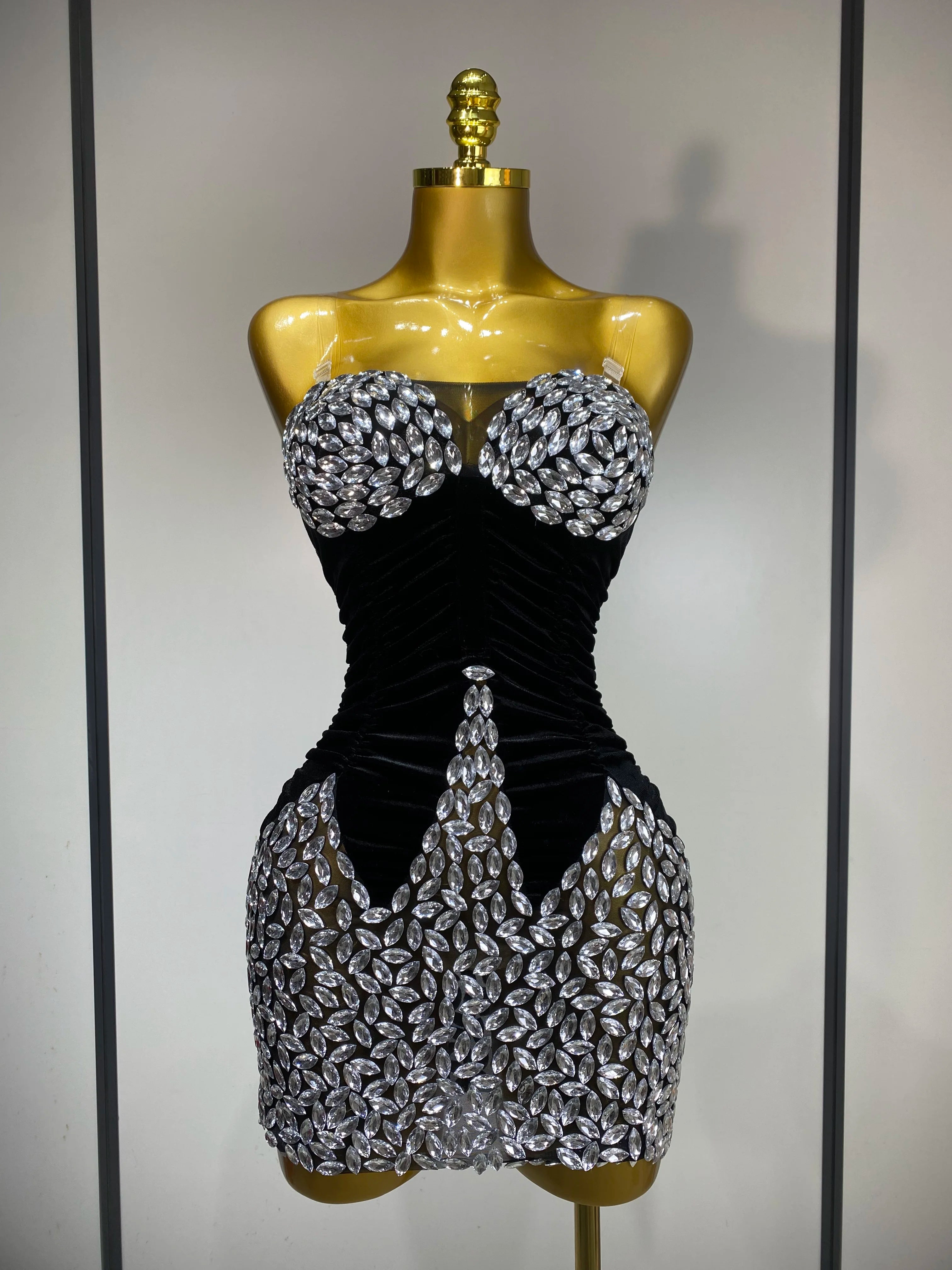 Women Sexy Bodycon Mini Dress Nightclub Elegant Evening Party Birthday Dress 2025 Celebrity Singer Shining Diamond Stage Costume black