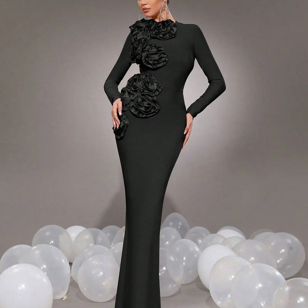 2025 Elegant Women's 3D Flower Decorative Bandage Dress O-neck Long Sleeve Bodycon Long Dress Cocktail Evening Party Vestidos black