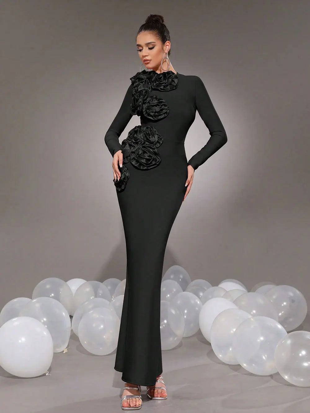 2025 Elegant Women's 3D Flower Decorative Bandage Dress O-neck Long Sleeve Bodycon Long Dress Cocktail Evening Party Vestidos black