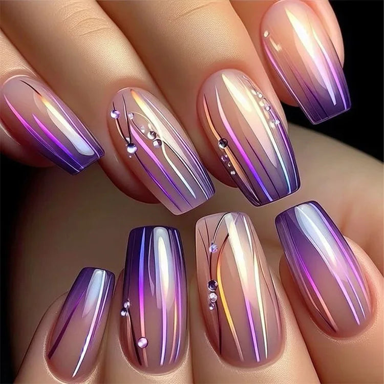 24Pcs Lightning Stripe Smudging Press on Fake Nails Mid-length Square Head False Nails Green Wearable Fashion Full Nail Art Tips 7