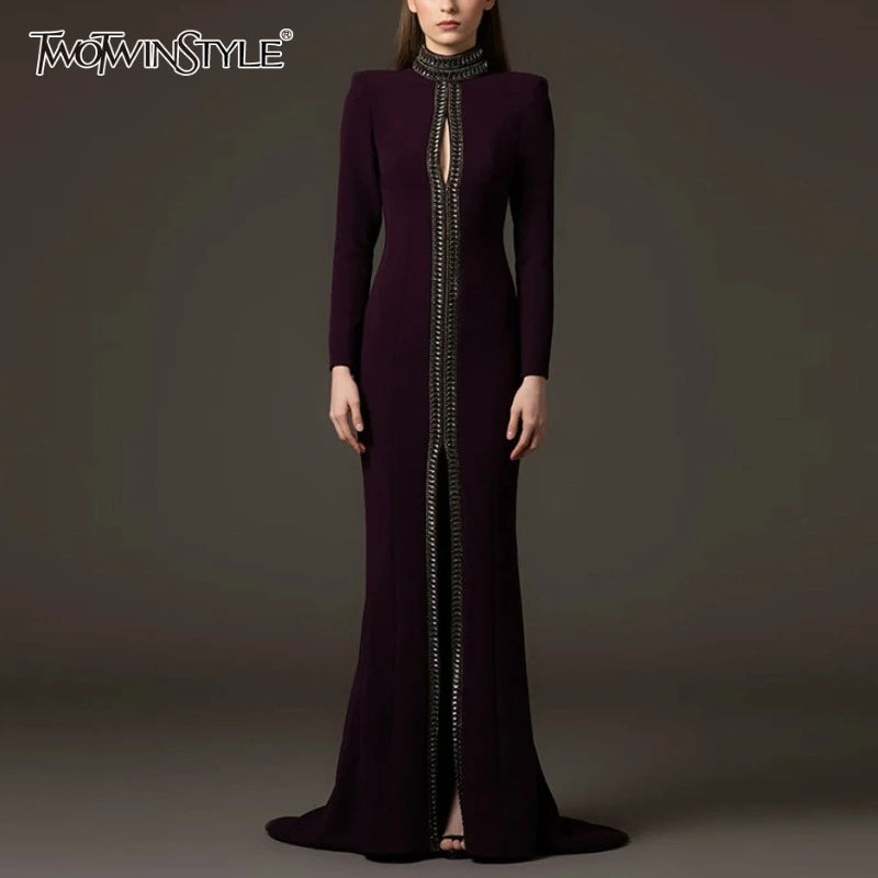 Solid Hollow Out Spliced Bead Dresses for Women High Neck Long Sleeves Patchwork Split Elegant Dress Female Clothes