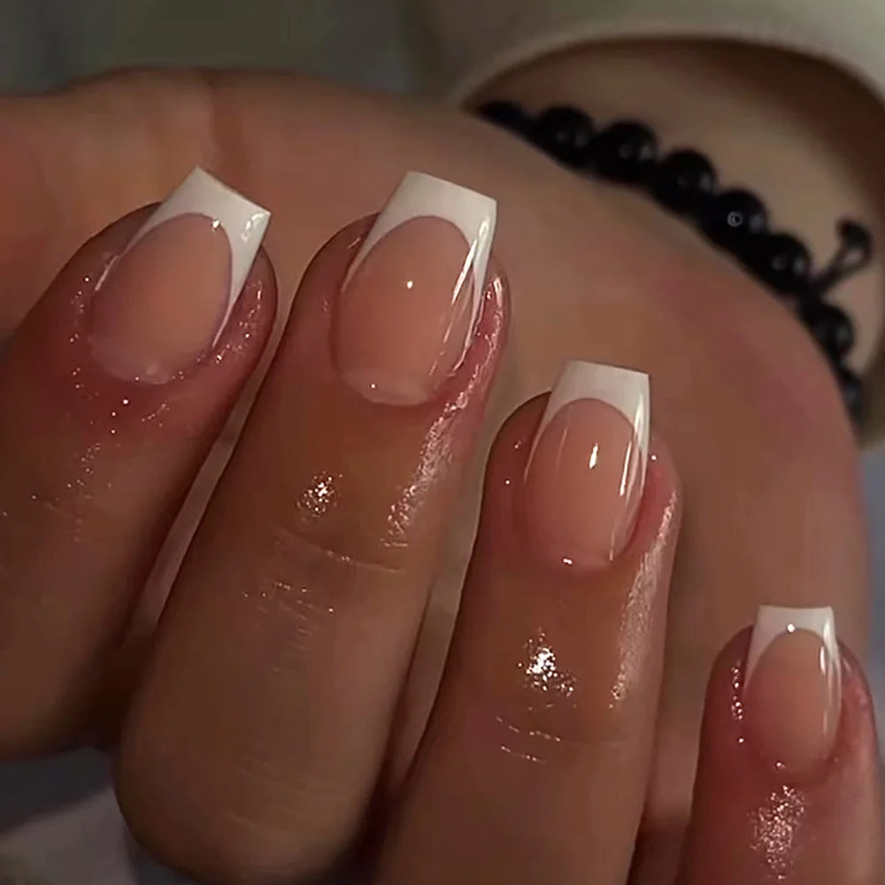 24pcs/set short fake nails for women girls french nude square white tips with rhinestones glitters Y2K press on false nail art 1044