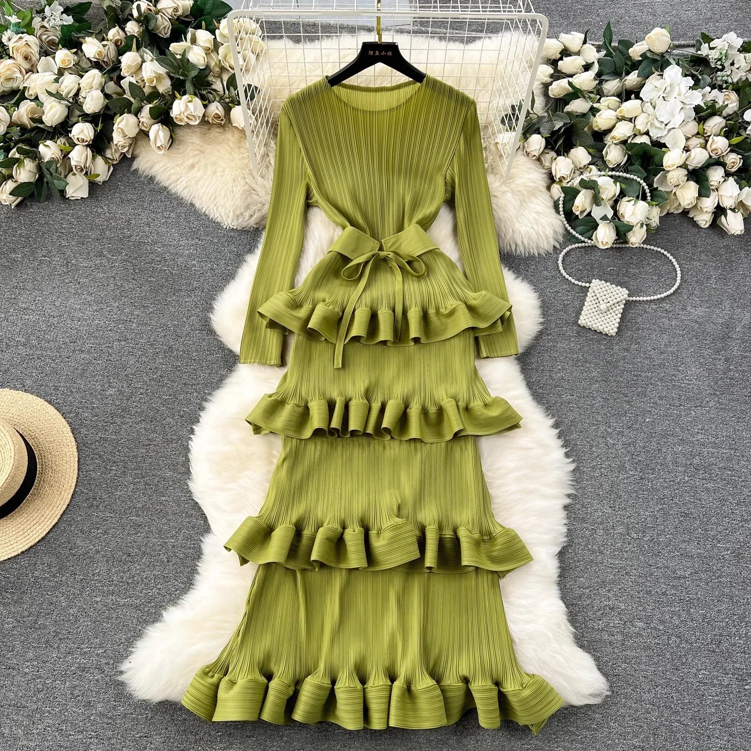Miyake Multi-layer Cascading Pleated Dress Women O Neck Long Sleeve Solid Color Ruffles Cake Belt Dress Female Party Clothing Light Green One Size