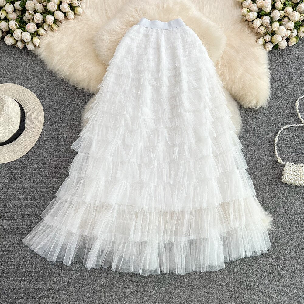 Super Long 97cm Maxi Tulle Skirts for Women 2024 New Chic Patchwork Cake Skirt Multilayer Large Swing A-Line Skirts Mujer Faldas White One Size