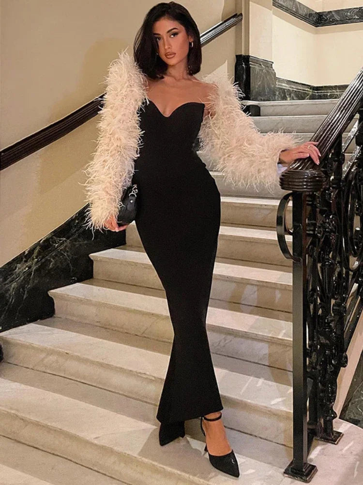 WeiYao Black Sexy V-neck Fit Bodycon Wrap Hip Maxi Dress Summer Backless Slim Long Dress Evening Party Dresses For Women 2023 Black