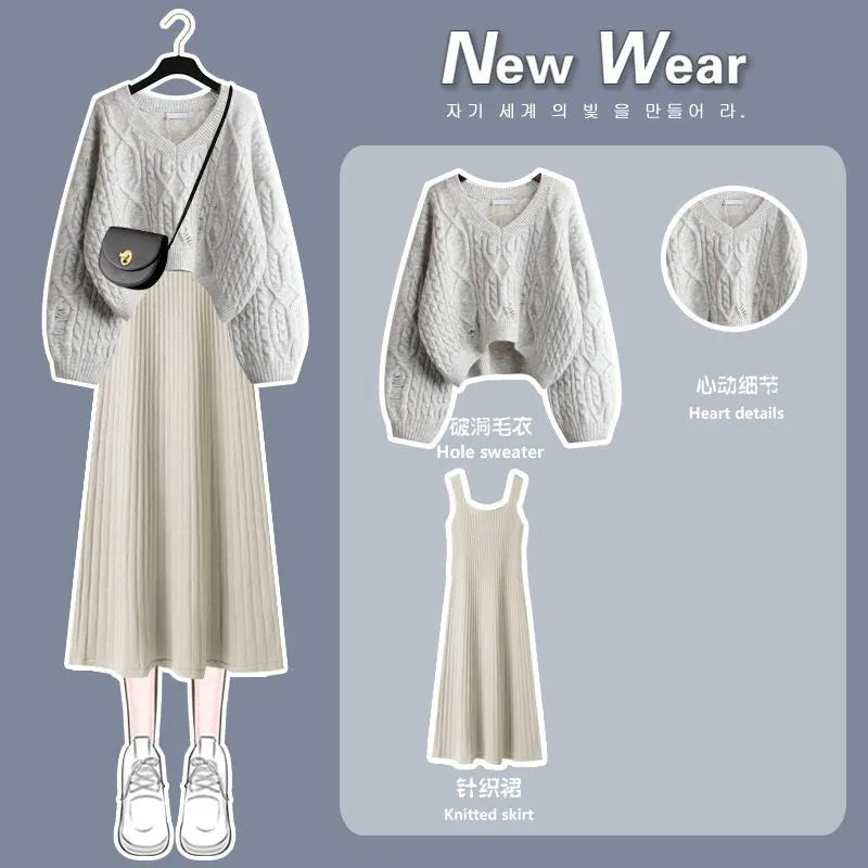 Women's 2024 Autumn Winter New Fashion V-Neck Sweater Knitted Dress Two Piece Korean Elegant Top Skirt Matching Set Female Suit Set 04