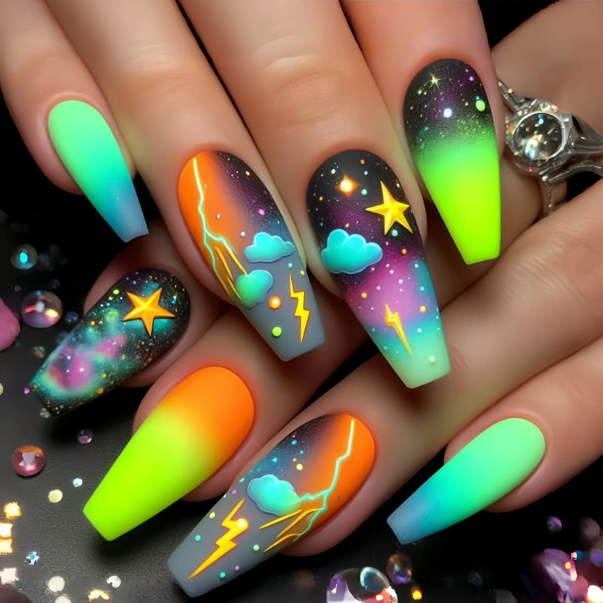 24pcs Starry Sky Lightning Pattern Press on Nails Gradient Green False Nails Wearable Reusable European Long Square Fake Nails 1