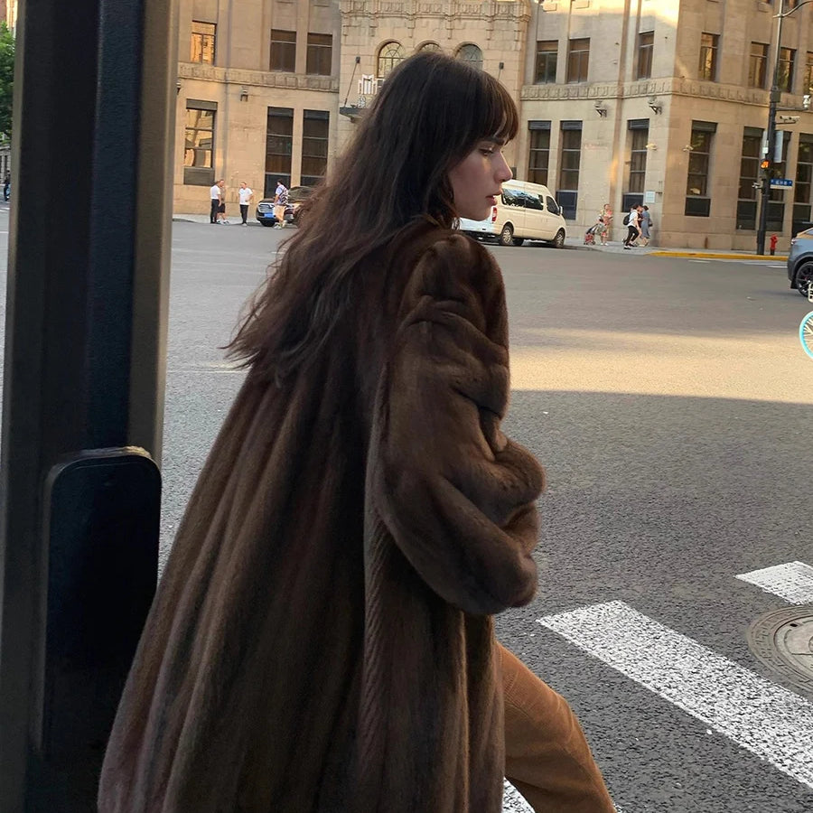 Lautaro Winter Luxury Elegant Thick Warm Fluffy Soft Brown Faux Mink Fur Coat Women Mid-Century Modern Vintage Furry Overcoat