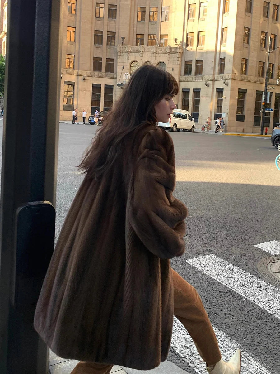 Lautaro Winter Luxury Elegant Thick Warm Fluffy Soft Brown Faux Mink Fur Coat Women Mid-Century Modern Vintage Furry Overcoat