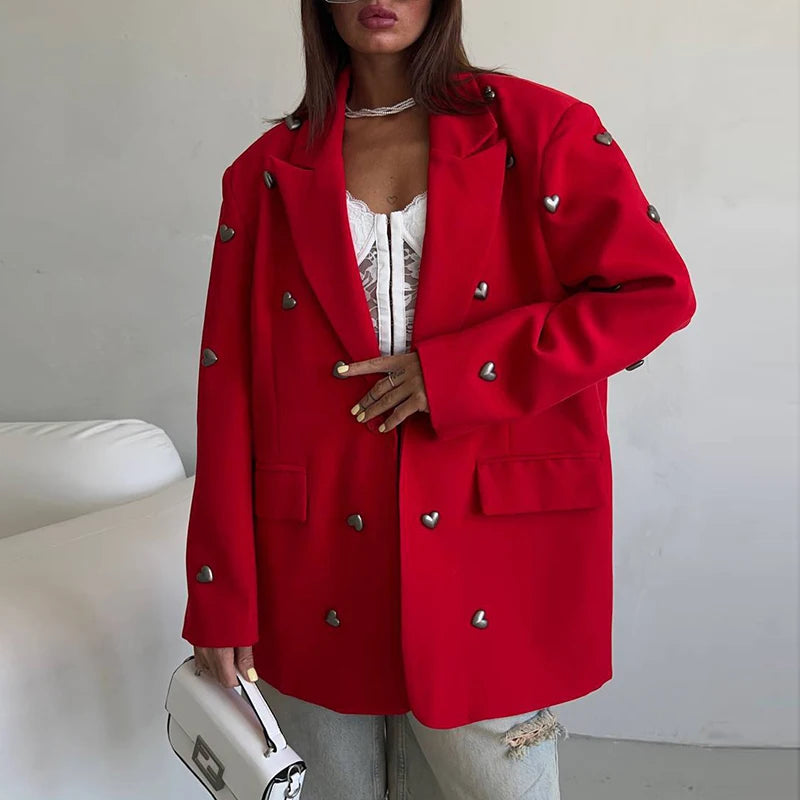 Elegant Spliced Heart Blazers For Women Notched Collar Long Sleeve Patchwork Pockets Chic Blazer Female Fashion New RED