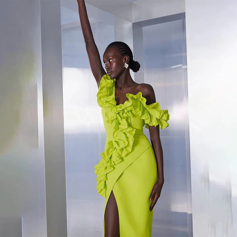 Red Black Women Sleeveless Off the Shoulder Ruffles Bodycon Bandage Mid-calf Dress Nightclub Party Celebrate Evening Dress