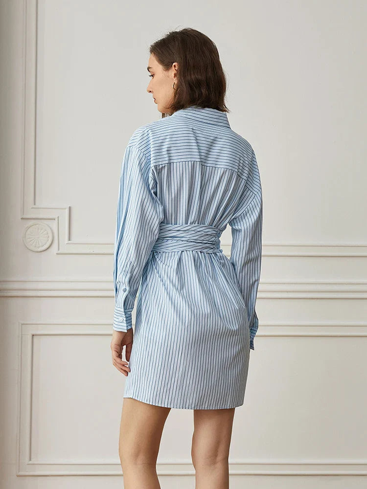 DEAT Fashion Women Blue Stripe Shirt Dress Lapel Single Breasted Full Sleeves Waist Retraction Folds Dresses Spring New