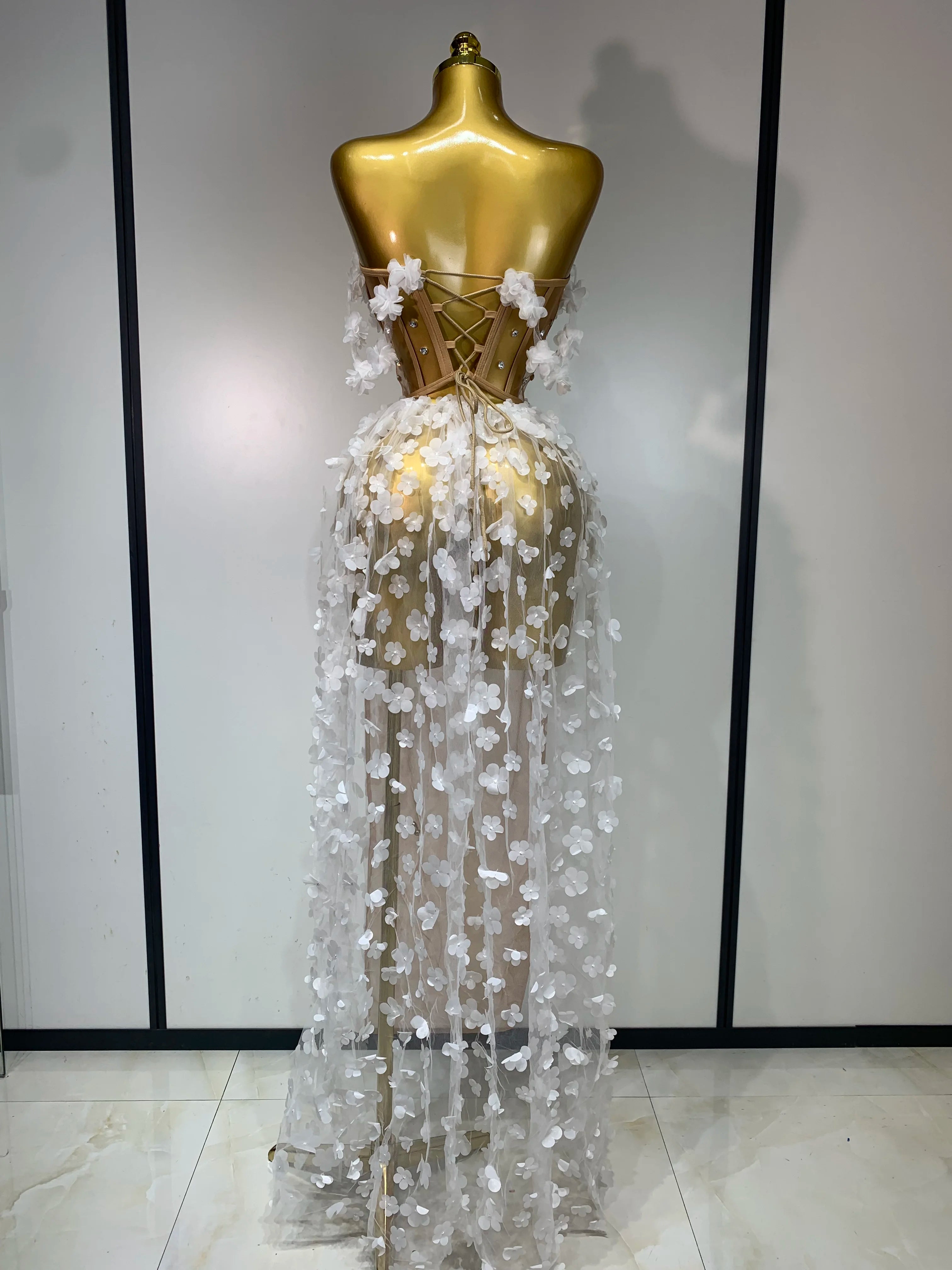 Women Sexy Elegant Party Dress Wedding Celebrate Evening Gown 2025 Mesh See Through Flowers Backless Prom Hotwife Outfit