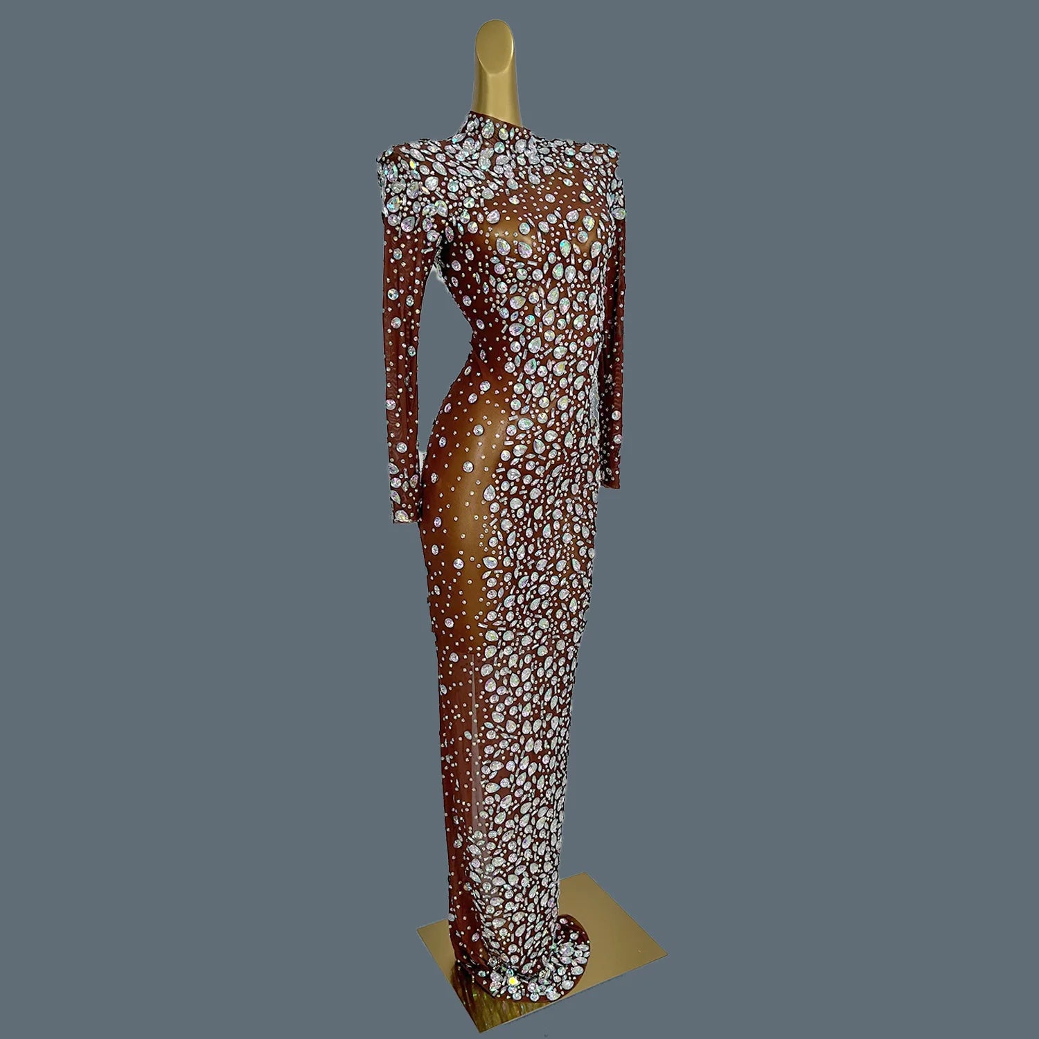 Sparkly Rhinstones Long Sleeve Elegant Party Dress Women Luxury Performance Stage Wear Evening Birthday Holiday Gown Caicui