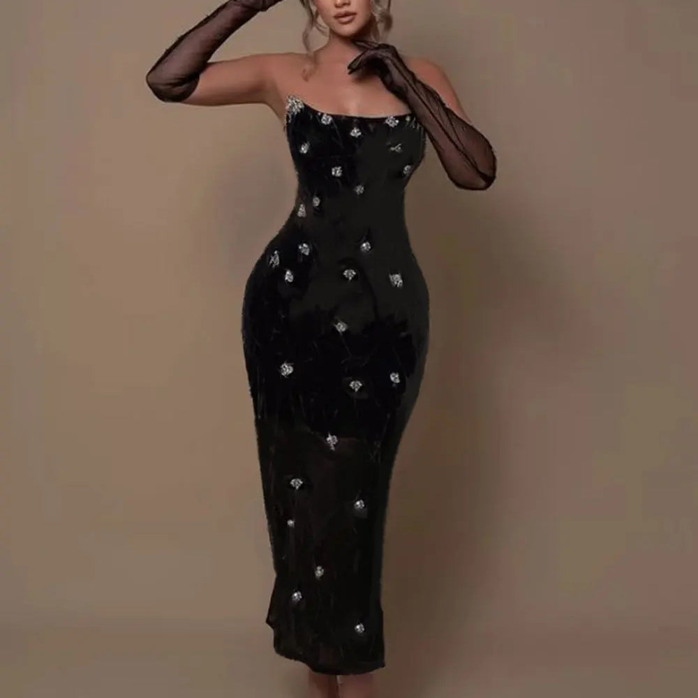 2025 Women'S Light Luxury Nail Bead Chiffon Dress Strapless Sleeveless Glove Design Bodycon Backless Black Long Dresses Vestidos