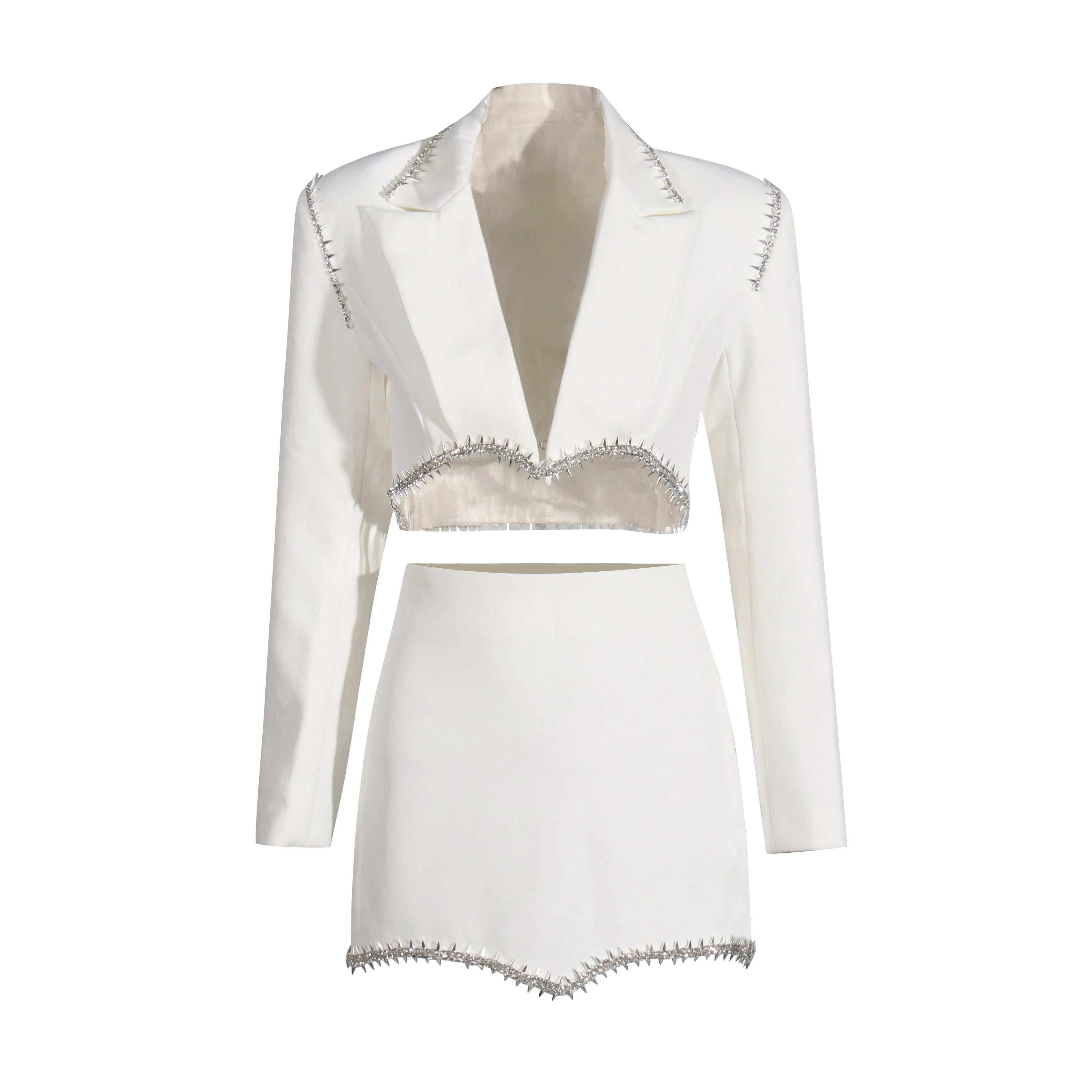 Solid Two Piece Set For Women Notched Collar Long Sleeve Spliced Diamond Blazer High Waist Skirt Casual Set Female WHITE