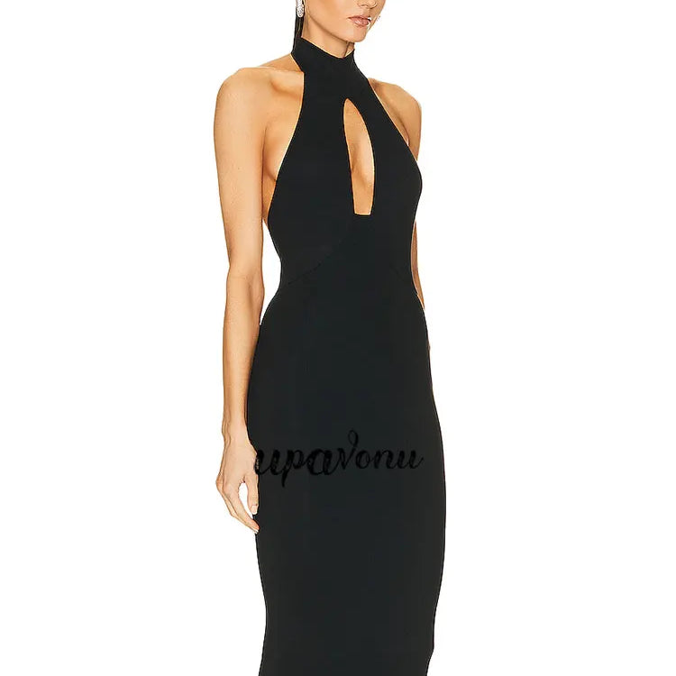 2025 Sexy Women Hanging Neck Sleeveless Bandage Dress Bodycon Off Back Knee Black Dress Celebrity Cocktail Evening Party Vestido