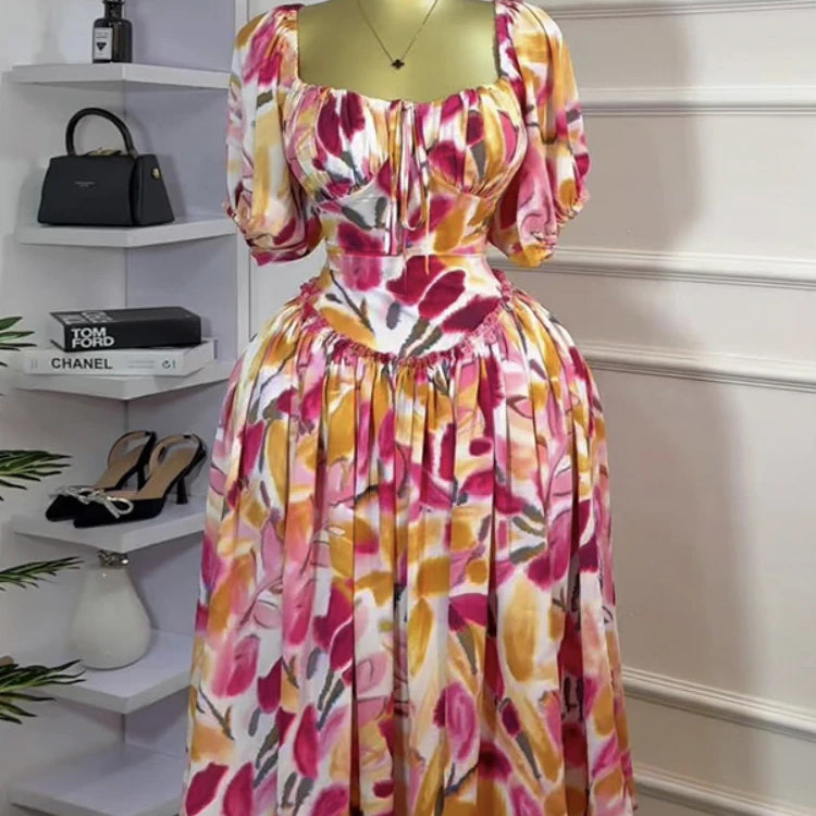 Women Tulip Foral Printed Lantern Short Sleeve Big Swing High Waist Dress 2025 Chic Birthday Party Vestidos Sexy Dresses
