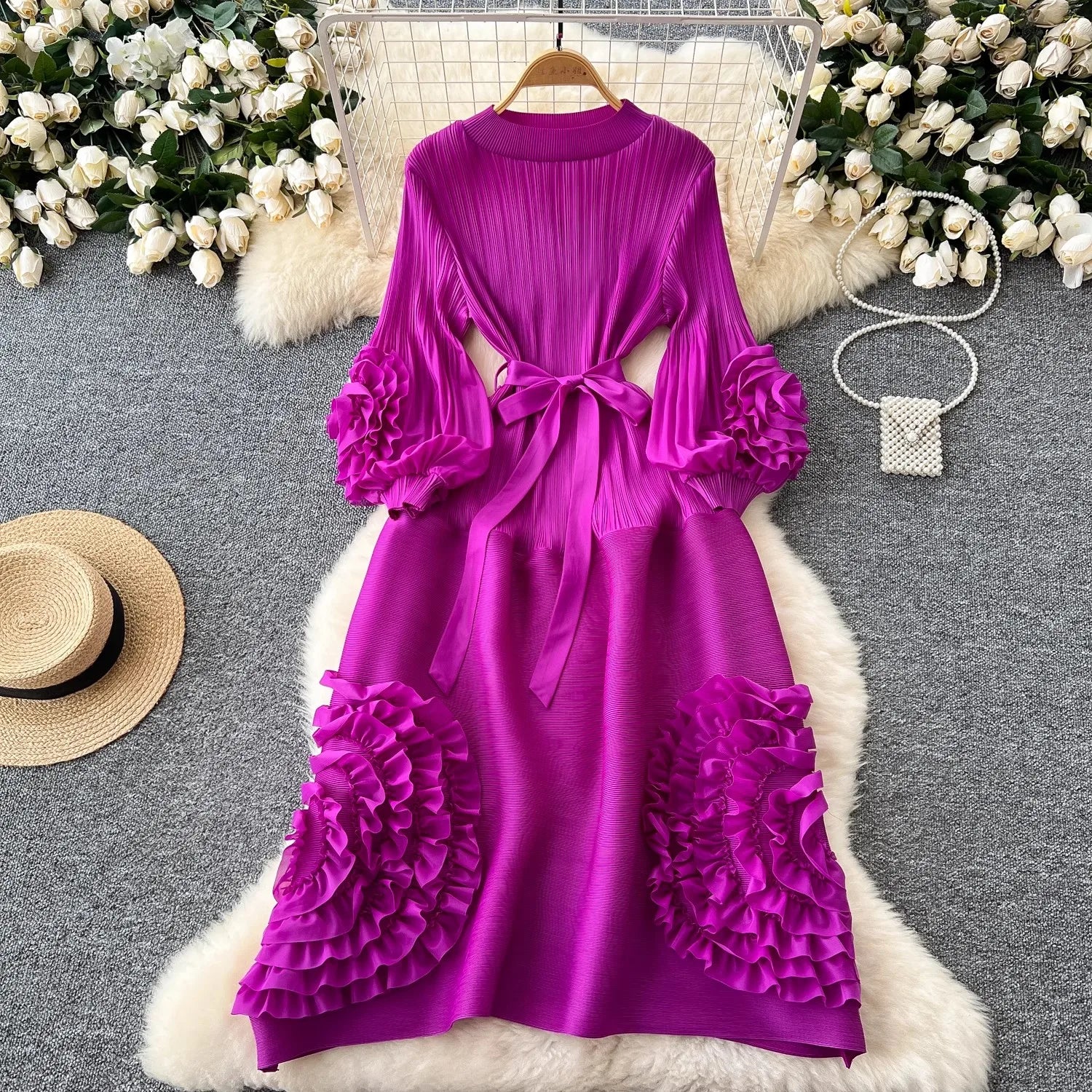 New Miyake High End Tied Up Oversize Pleated Long Robes Turtleneck Bubble Petal Sleeves High Waist Formal Dresses Women Clothing as picture 3 One Size