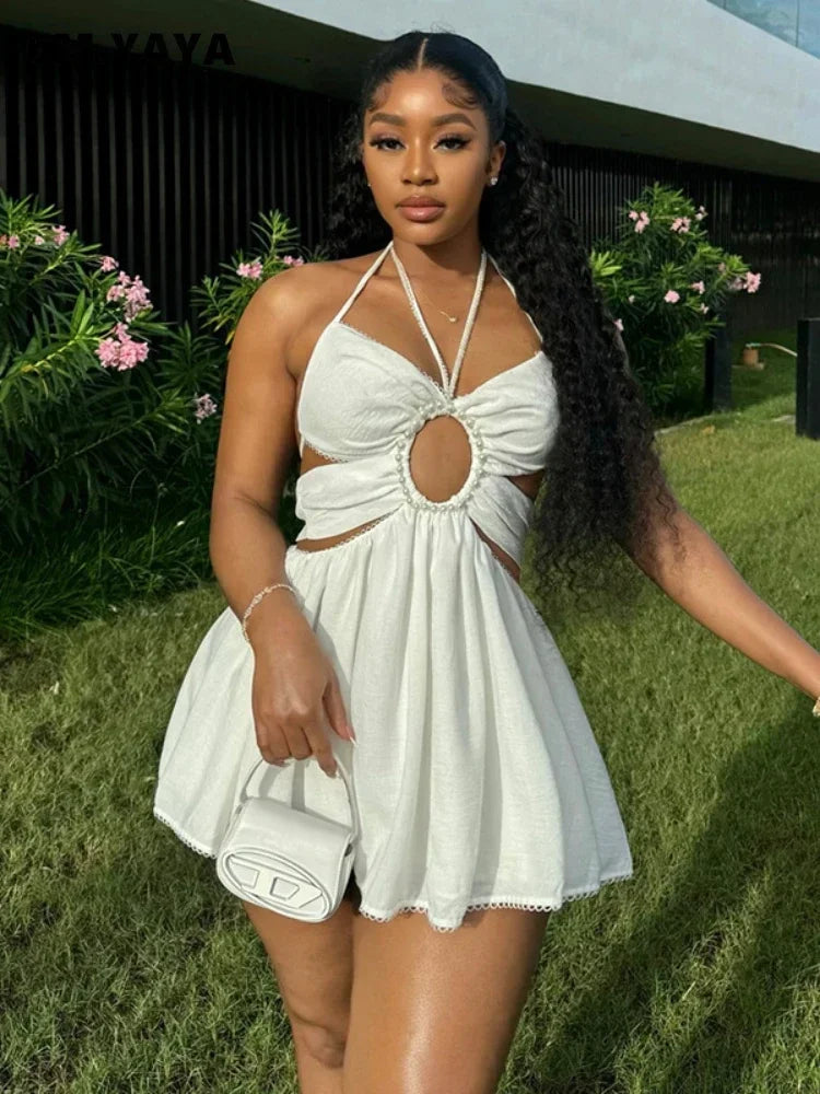 2024 Women Halter Strap Sleeveless Mini A-Line Dress Sexy Beading Backless Streetwear Evening Night Club Party Dresses