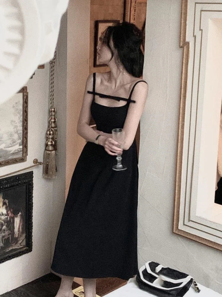 Y2K Summer Short Dress Women Solid Spaghetti Strap Evening Party Dresses Elegant Sleeveless Sexy A-line One Piece Vestido Mujer Black(Long)