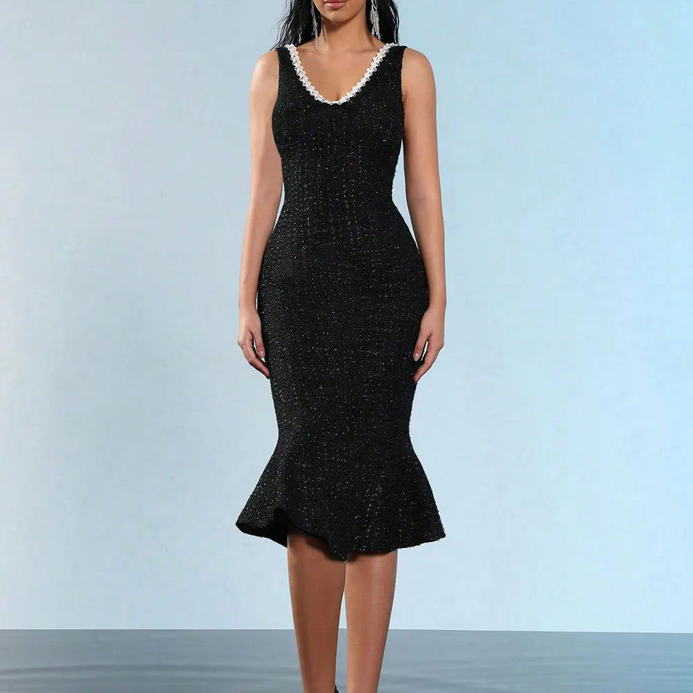 2025 Elegant Women's Nail Bead Design Fishtail Dress V-neck Sleeveless Bodycon Flute Dresses Cocktail Evening Party Vestidos