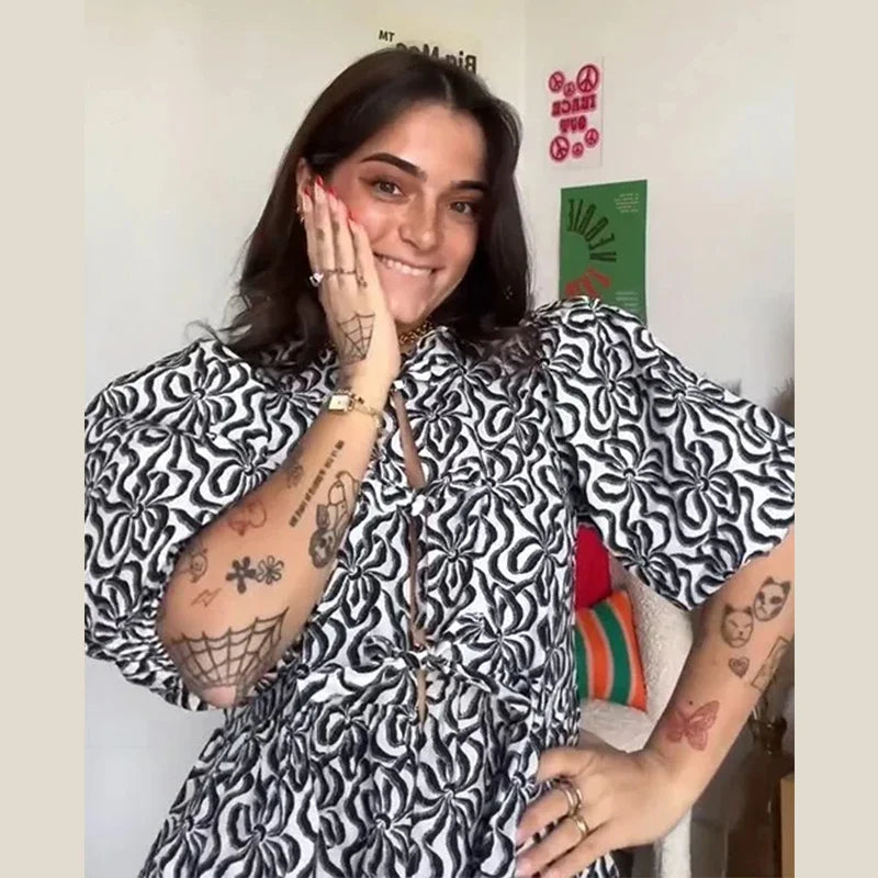 Bow Tied Lace Up Shirt Women Pleats Office Puff Sleeve Female Chic Slim Solid Tops Summer Sweet Lady V Neck Tops Leopard 3