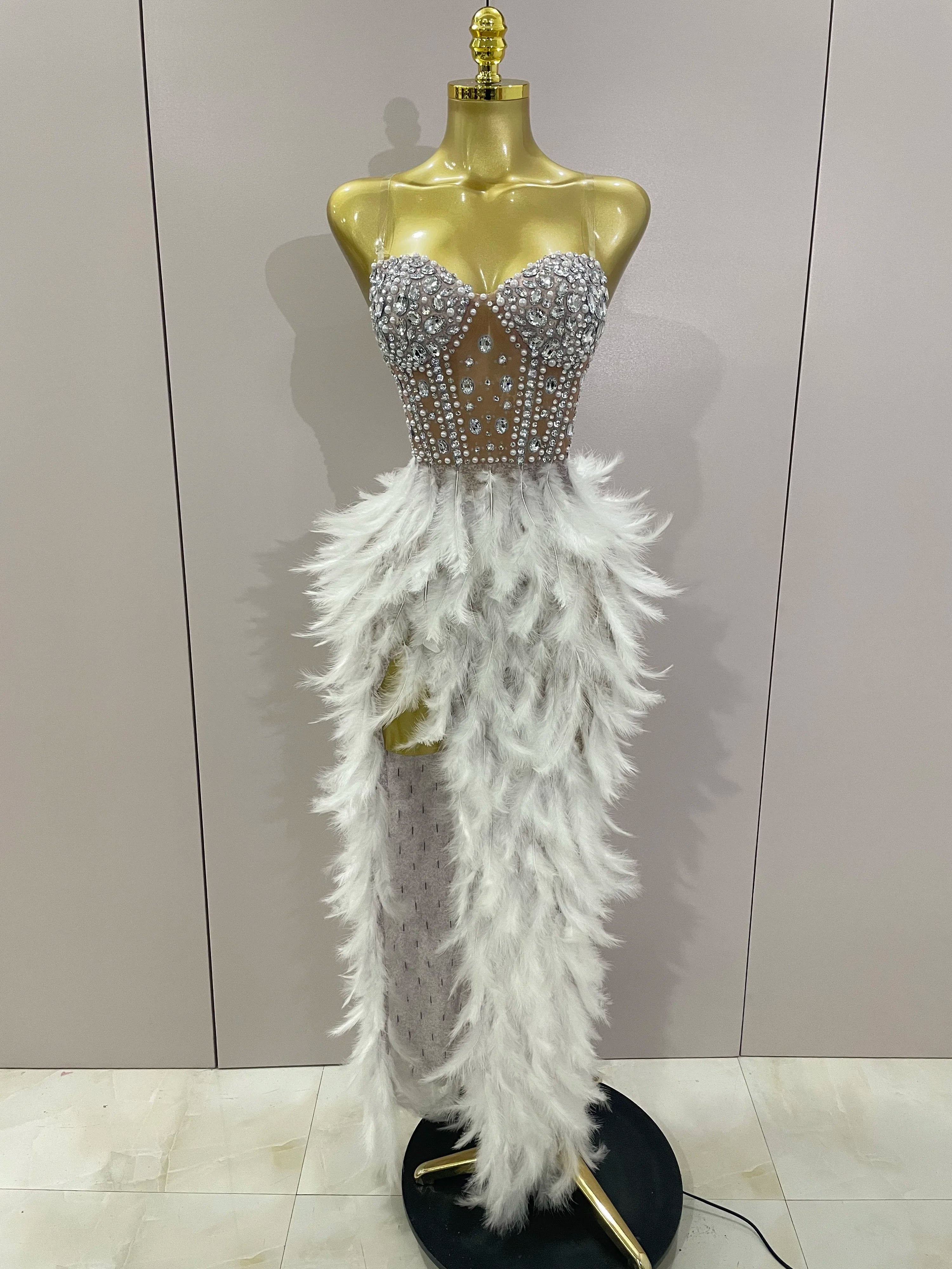 2025 Luxury Sparkle Rhinestone White Feather Sexy Mesh Long Dress Women Evening Party Birthday Performance Photoshoot Costume Silver