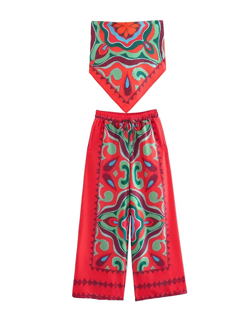 BlingBlingee Summer Printed Women Wide Pants Satin Suits Traf Asymmetric Sleeveless Strapless Crop Top Female Sets Y2K Camis-Pants Sets 1