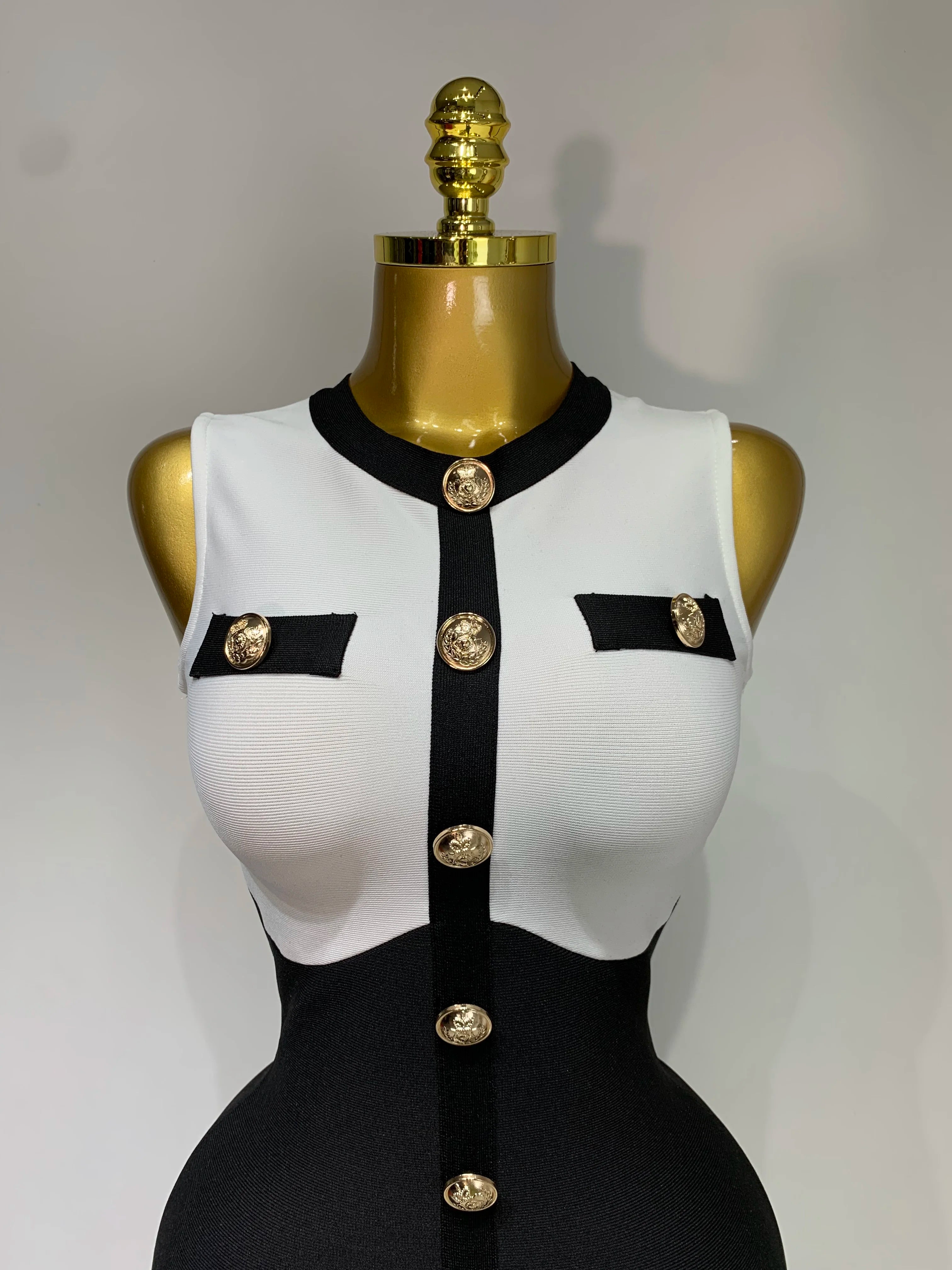 2025 New Arrivals Fashionable Women Bandage Golden Buttons White Black Patchwork Sleeveless Bodycon Elegant Party Dresses