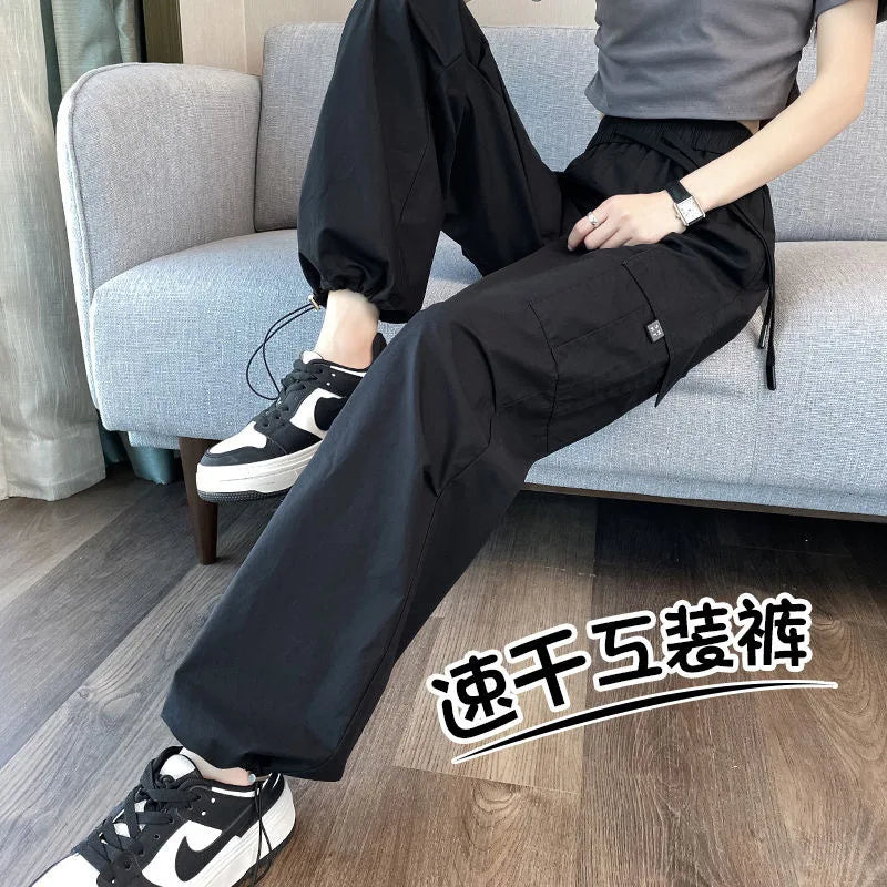 Vintage Retro Solid Women Cargo Pants Quick Dry Spring Summer Elastic Waist Casual Streetwear Straight Trousers black