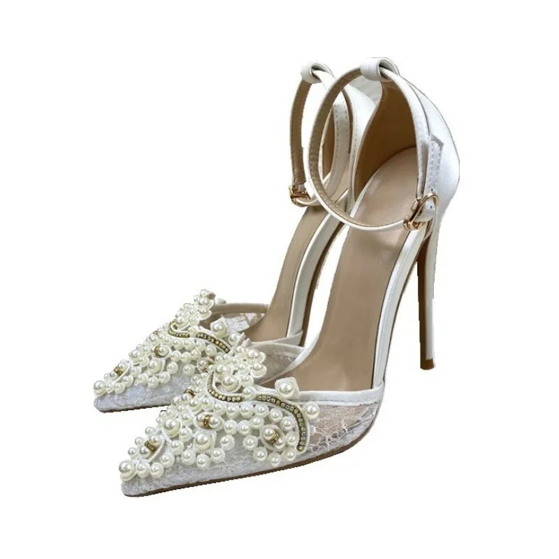 Pearl Mesh Sandals For Women Rhinestones Pointed Toe Lace High Heel Ankle Buckle Strap Fashion Shallow Shoes Plus Size 33-36