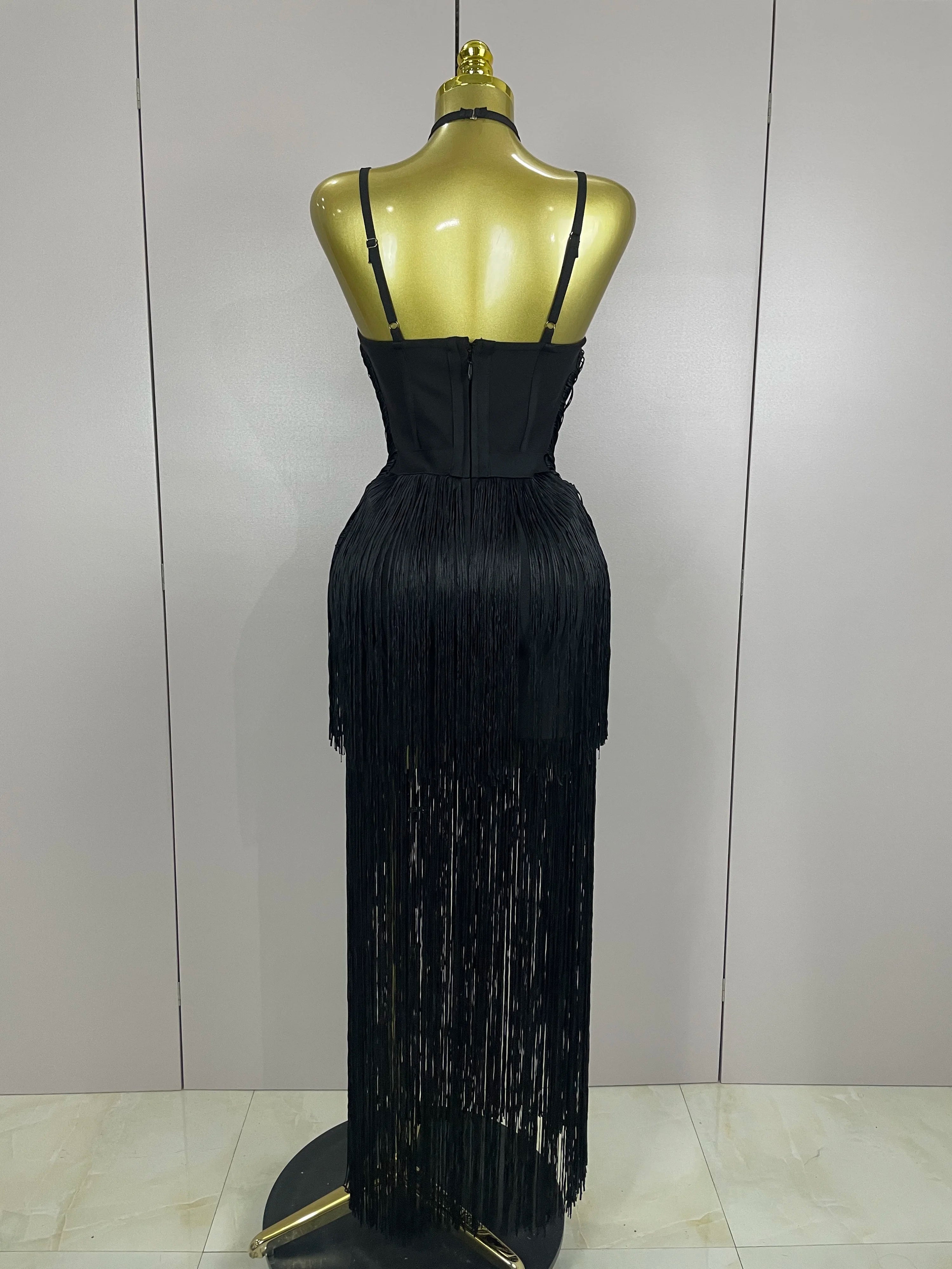 Sexy Backless Green Tassel Ankle Bodycon Bandage Dress 2025 Women Celebrity Elegant Evening Club Luxury Birthday Party Outfit