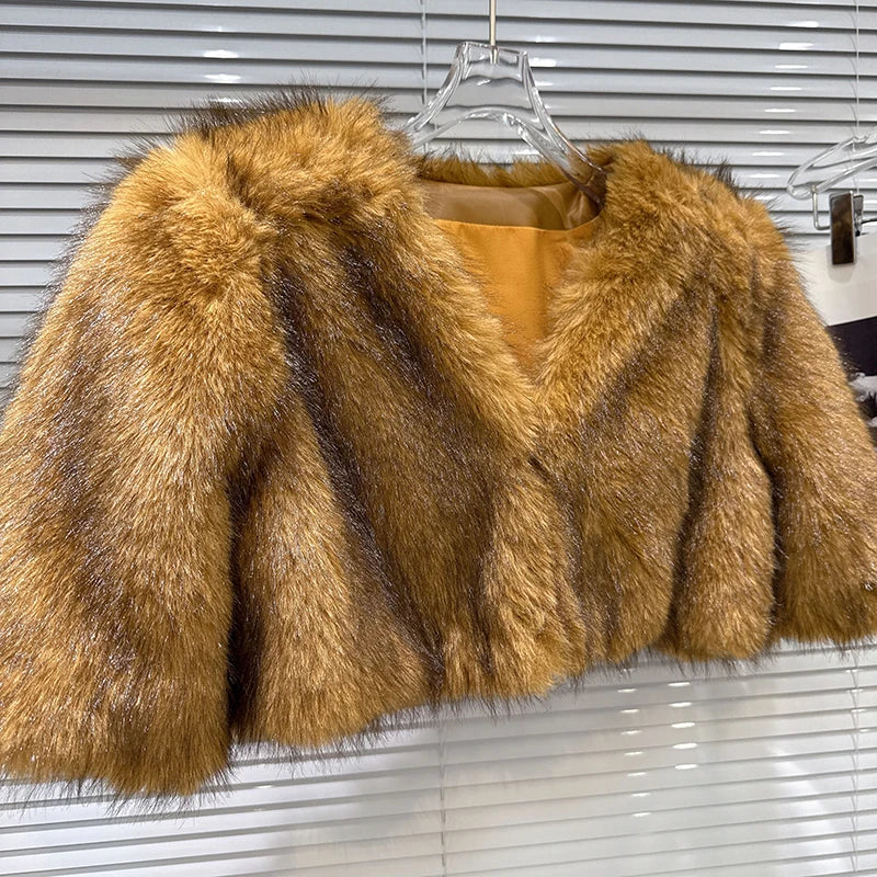 Winter New Style Fashion Faux Fur Short Coat Shawl For Women Solid Color V-neck High Waist Tops Female 11A07686