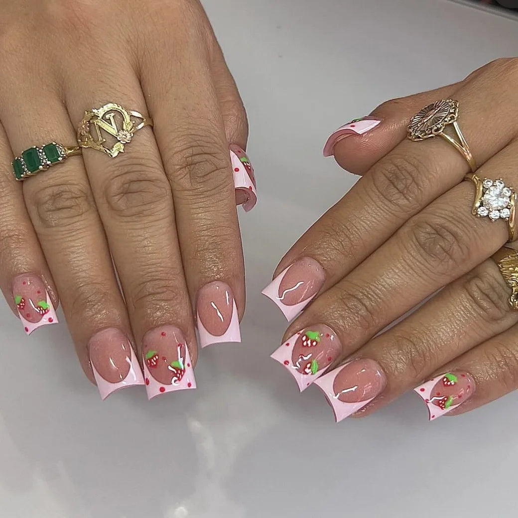 24Pcs Fashion White French Fake Nails with Pink Bow Design Short Square Head False Nails Wearable Simple Press on Nail Tips 219