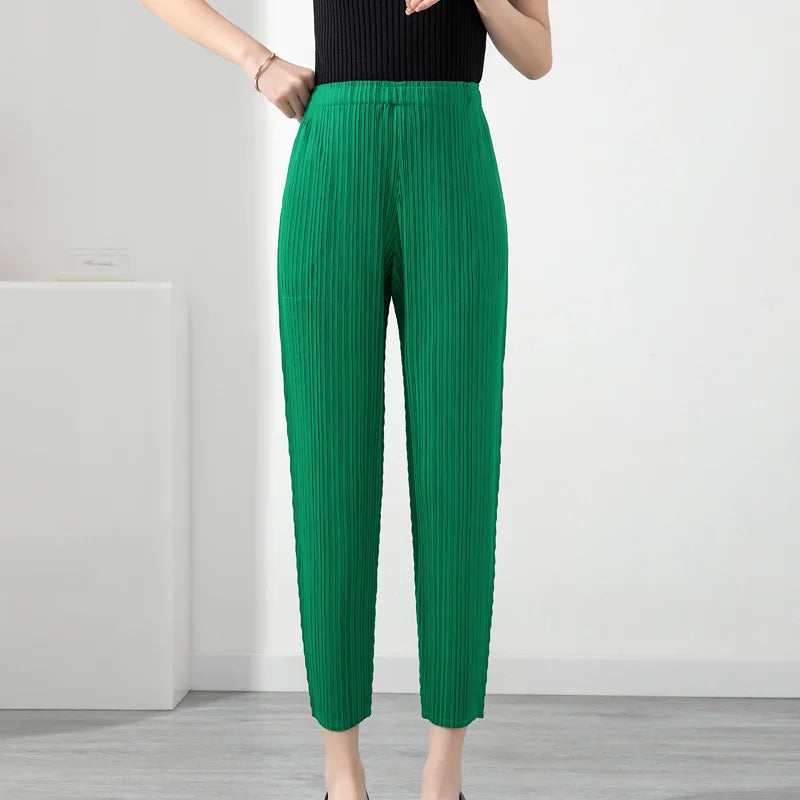 LANMREM Pleated Solid Color Harem Pants Women Pocket Elastic High Waist Female Fashion Ankle-length Trousers Summer 2I576 Green One Size