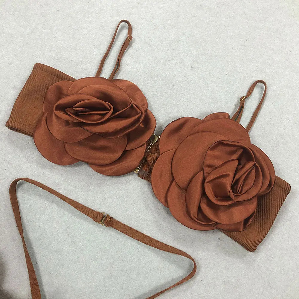 Sexy Women'S Three-Dimensional Flower Bandage Long Dress Set Spaghetti Strap Sleeveless Ultra Short Vest + Skirt Two-Piece Set