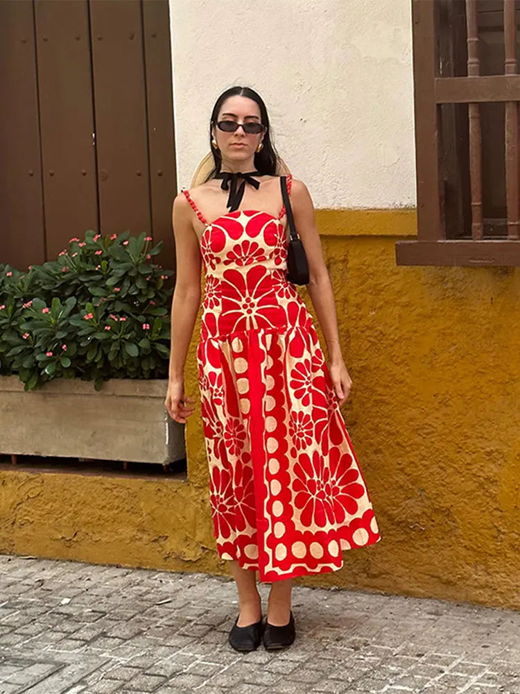 Fashion Red Print Spaghetti Strap Dress Women Sexy Backless Sleeveless Sling Robe Summer Female Casual Party Beach Vestidos red