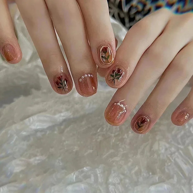 24Pcs Pink False Nails with Glue Ballerina Full Cover Nail Tips Simple Fake Nail with Star Rabbit Design Wearable Press on Nails