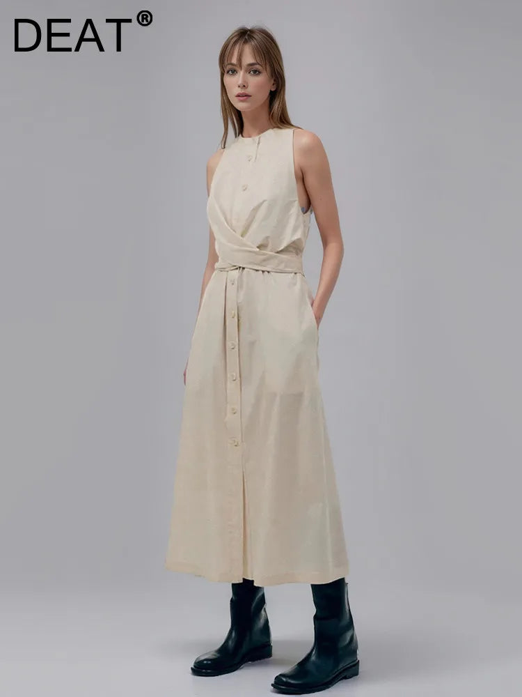 DEAT Fashion Women's Dress Round Collar Sleeveless Single Breasted Lace-up Solid Color Slim Dresses Spring New Tide 7AB3831