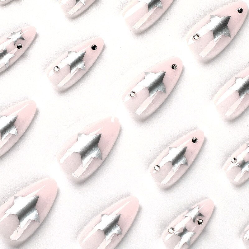 Sweet Cool Silver Stars Rhinestone Wearable Almond Shape Fake Nails Y2K Finished False Nails Press on Nails with Glue Wholesale