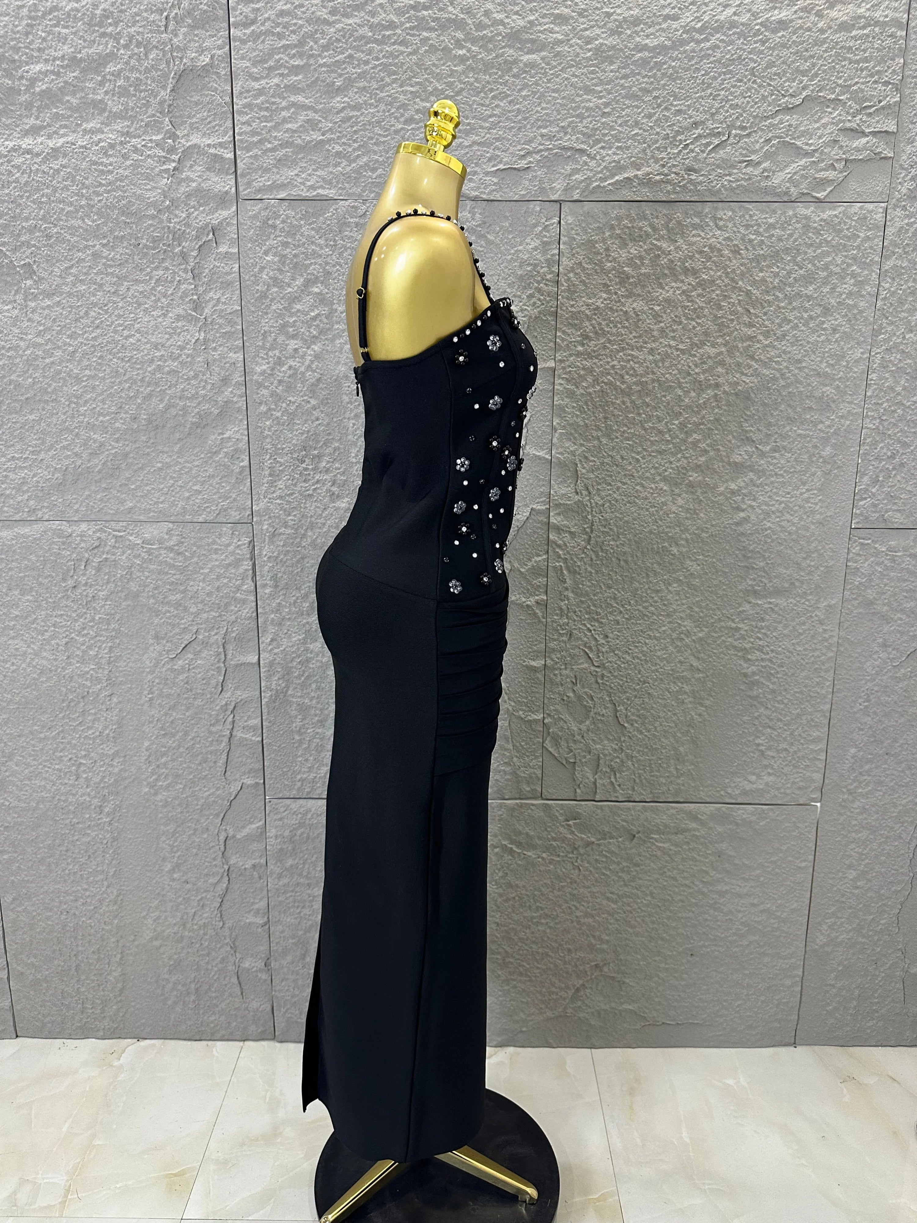 Luxury Black Beaded Corset Maxi Dress Spaghetti Strap Ruched Draped Skirt Formal Gala Evening Cocktail Photoshoot Party Dress