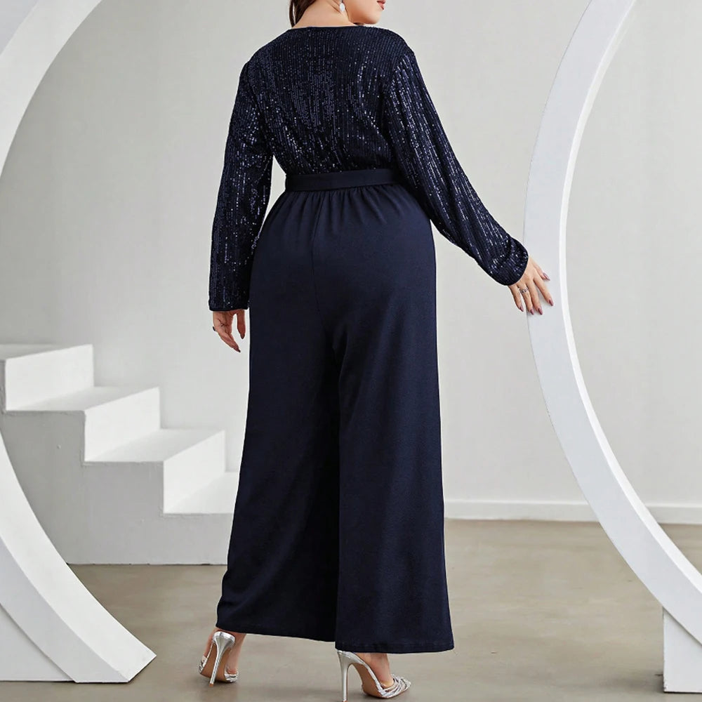 Plus Size Rafiah Women's Summer 2025 Sets Deep V-Neck Sequin Top Wide Leg Palazzo Pants Bow Tie Waist Evening Collection Sets