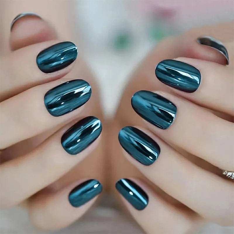 24pc/set Medium almond fake nails metallic mirror red black purple blue golden tips faux ongles y2k press on acylic false nail blue