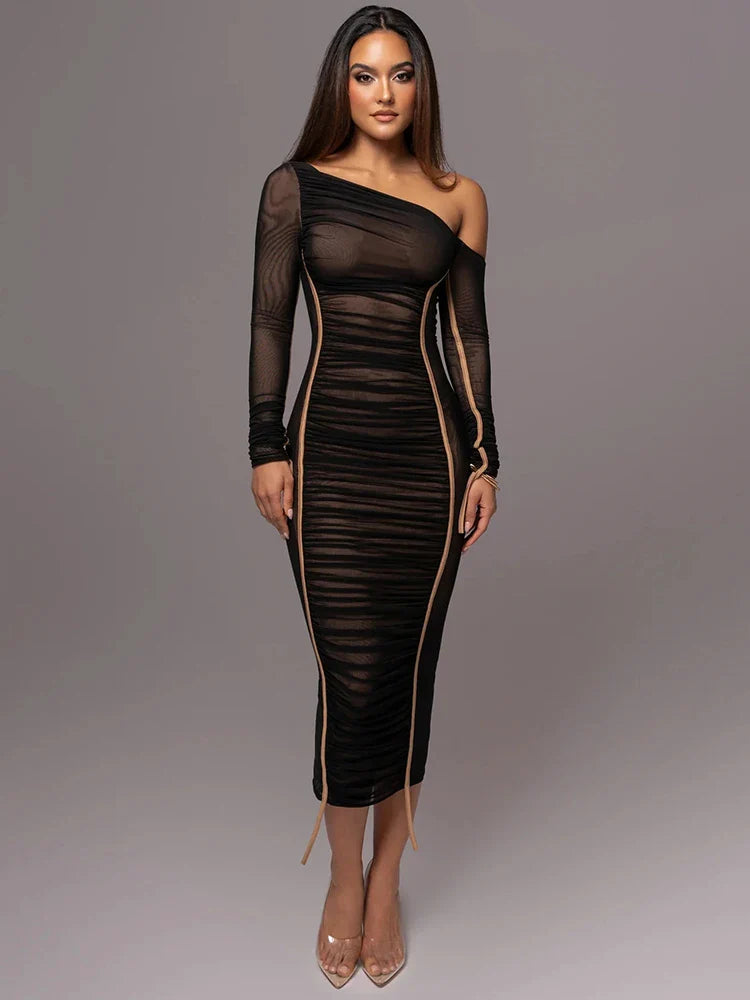 Diagonal Collar Long Sleeve Midi Dress For Women Two Layer Mesh Backless Ruched Bodycon Club Party Sexy Long Dress Black