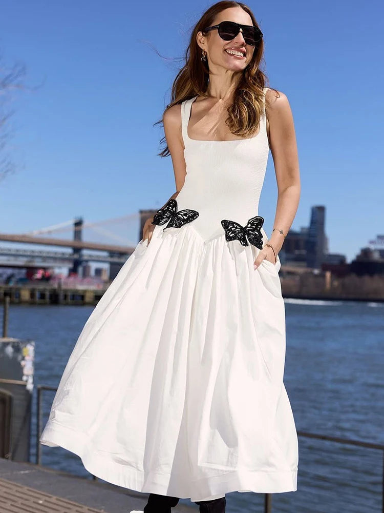 Fresh White Spaghetti Sleeveless Square-Neck with Lace Butterfly Details Midi Dress for Garden Party Gown