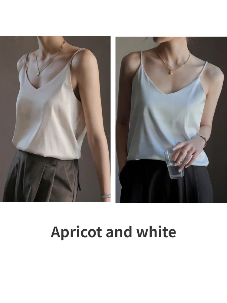Grey Camisoles for Women Acetate SATIN Loose Summer Spaghetti Strap Tank Top Solid V-neck Fashion Sexy Backless Tanks & Camis Apricot and white