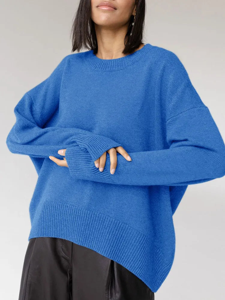 Basic Sweaters For Women Oversize O Neck Knitted Pullovers Autumn Winter Loose Tops Women's Jumper Light Blue Sweaters Oversized Royalblue