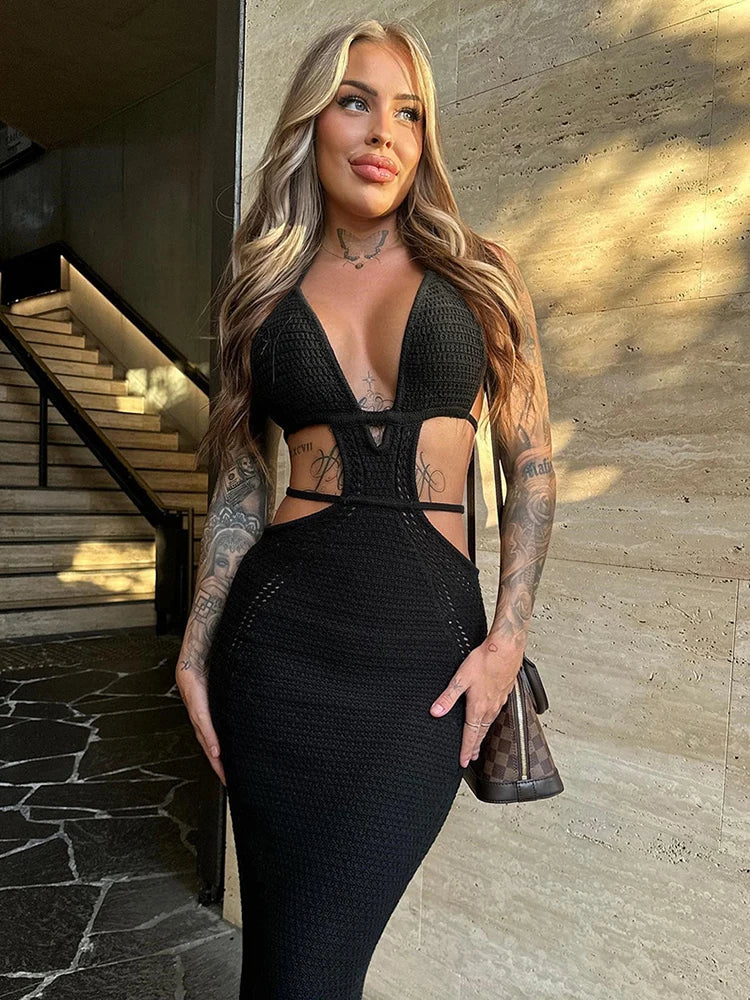 Hollow Out Halter Sexy Mini Dress Women Summer New Sleeveless Backless Skinny Club Party Knit Tank Dress Vestido Black 1